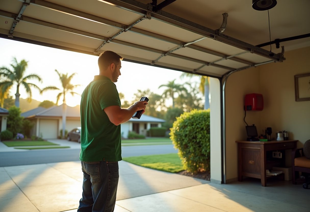 Technician adjusting a belt-drive garage opener — Nundah